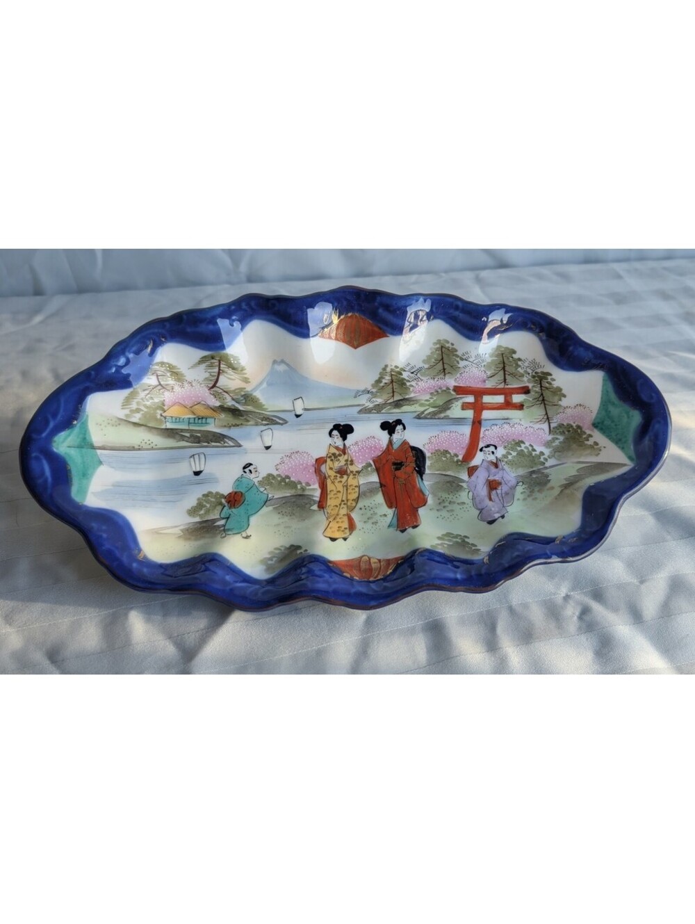 Vintage Japanese Geisha Porcelain Dish with Cobalt Blue Scalloped Rim